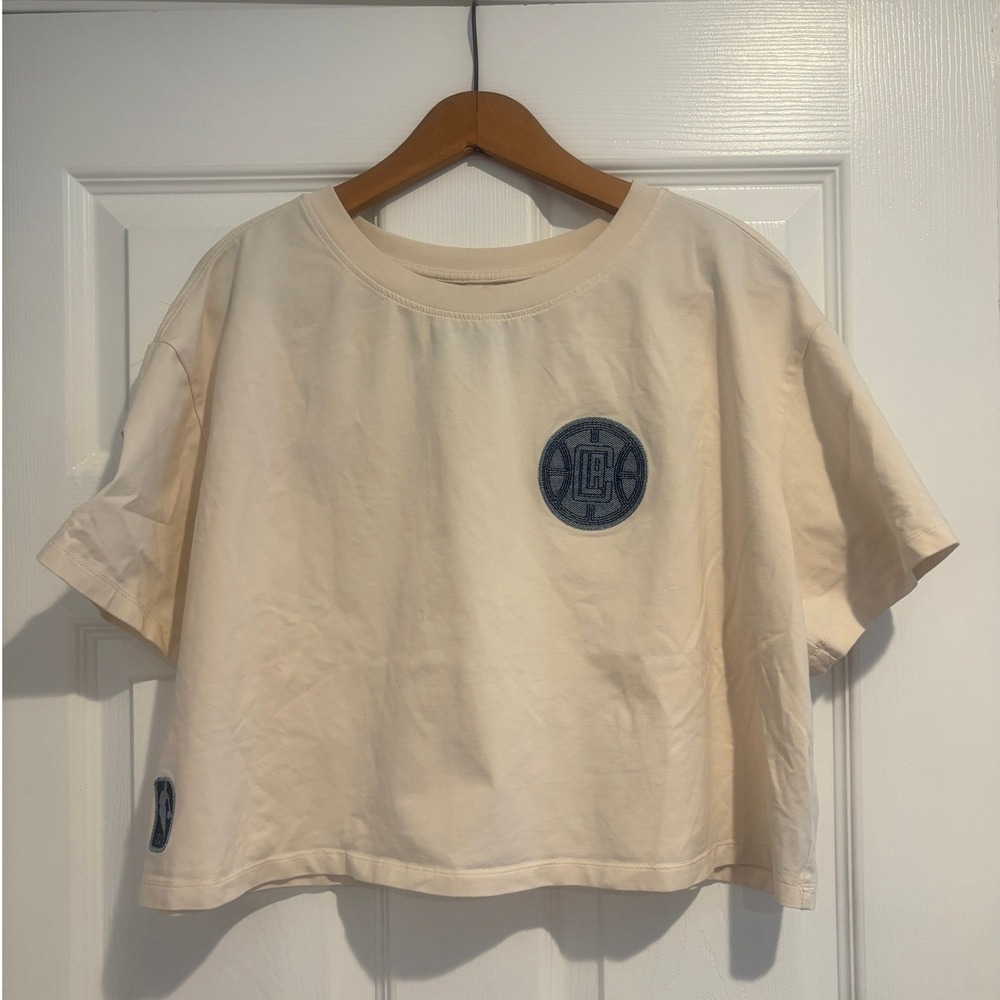 Pro Standard LA Clippers Crop T-Shirt Large Cream Denim Patches NBA